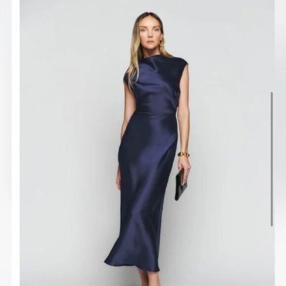Reformation - Veida Silk Midi Dress Navy - Picture 2 of 9